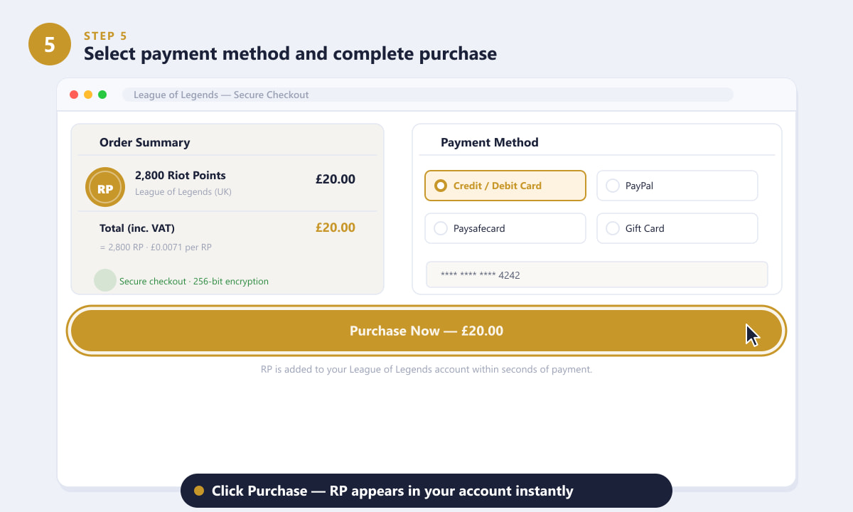 Checkout screen for buying Riot Points with a GBP payment method