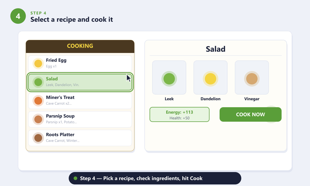 Selecting a Salad recipe in the Stardew Valley cooking menu and clicking Cook