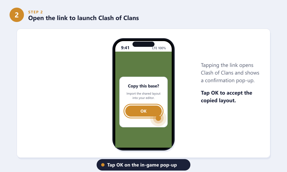 Confirmation pop-up to copy a base after opening the link in Clash of Clans