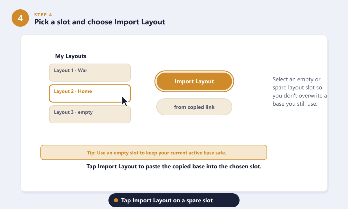 Choosing a layout slot and tapping Import Layout in Clash of Clans