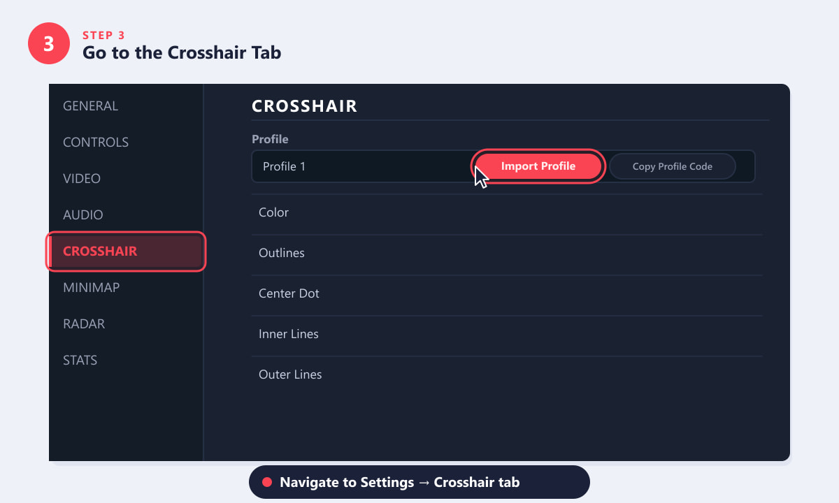 Acesse a aba Mira nas Configurações do Valorant e clique em Importar Perfil.