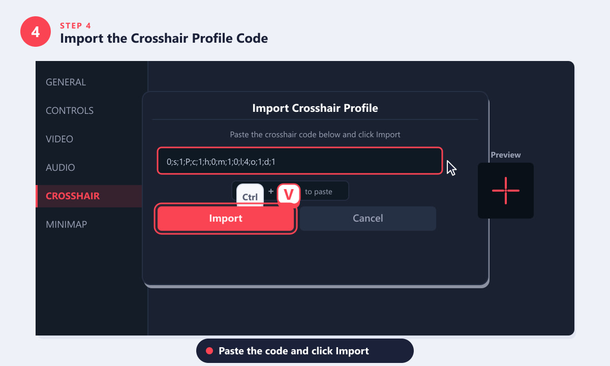 Colar o código do perfil da mira na caixa de diálogo Importar nas configurações do Valorant.