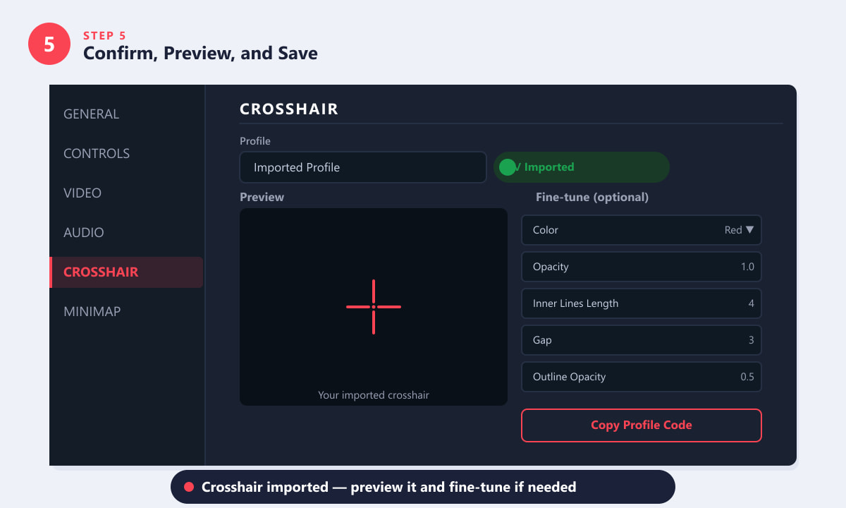 Confirmando uma mira importada nas Configurações do Valorant com o painel de pré-visualização e opções de ajuste fino.