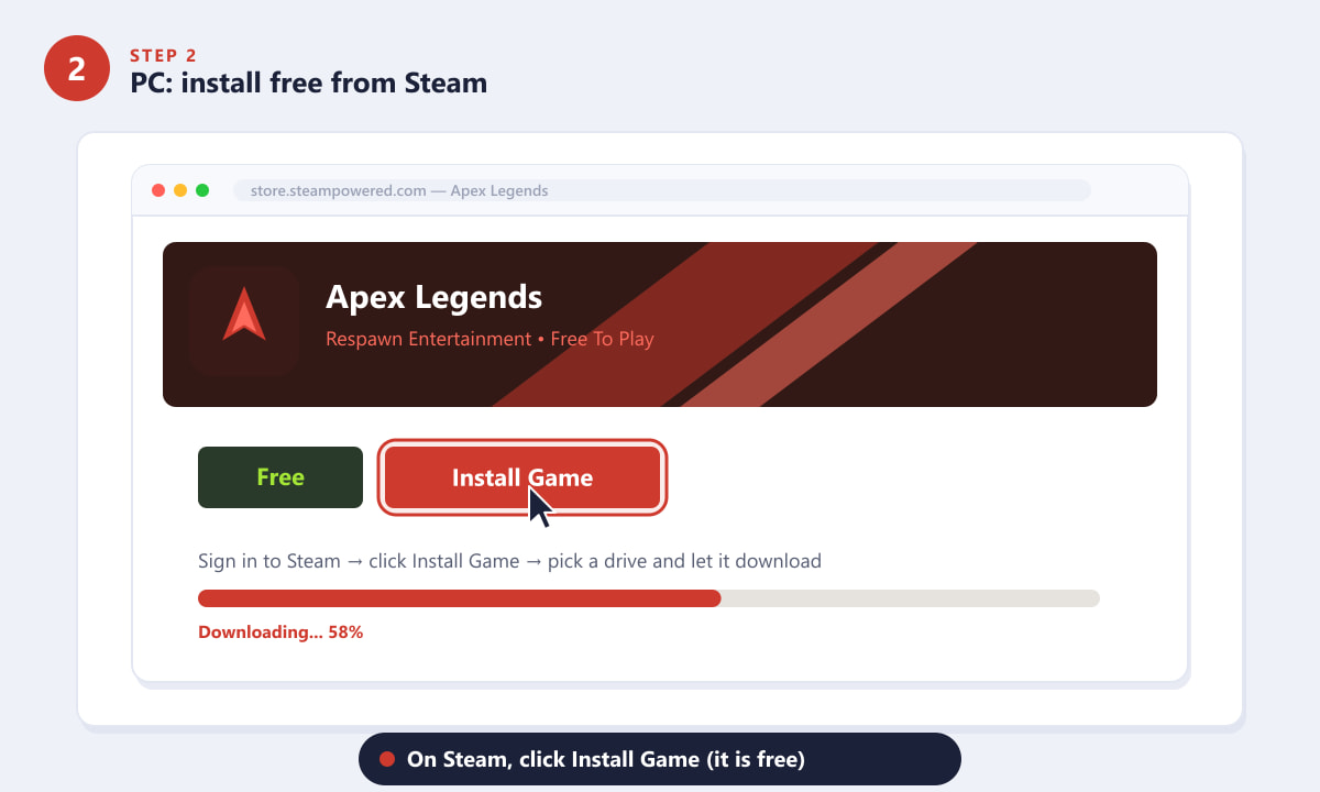 Downloading Apex Legends for free from Steam by clicking Install Game