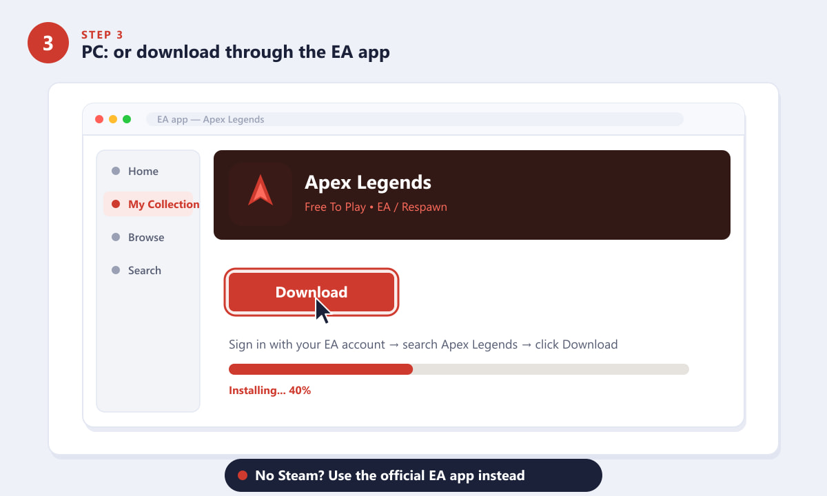 Downloading Apex Legends through the EA app launcher on PC
