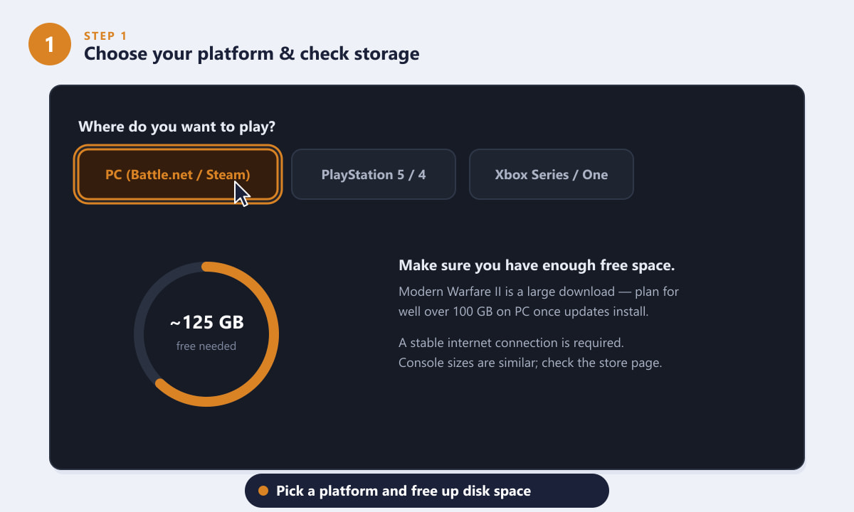 Choosing a platform and checking storage space to download Modern Warfare II