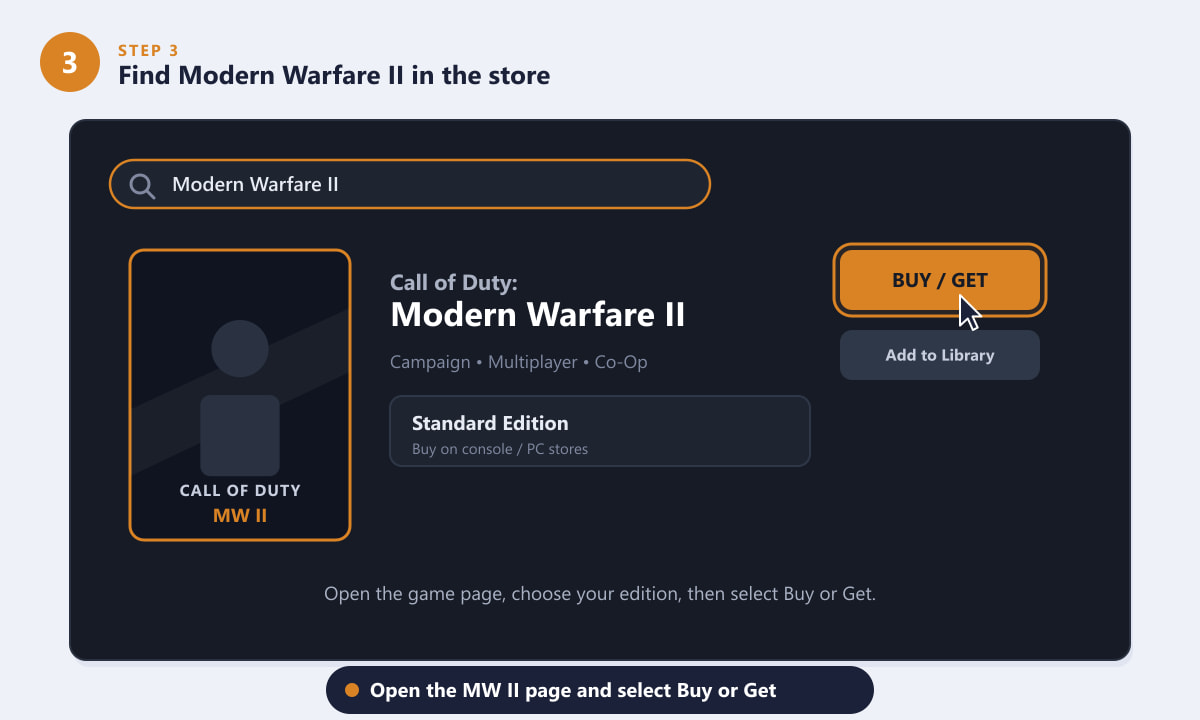 Finding the Call of Duty: Modern Warfare II store page and selecting Buy or Get