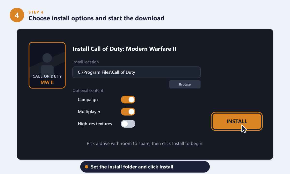 Choosing the install location and optional content packs for Modern Warfare II