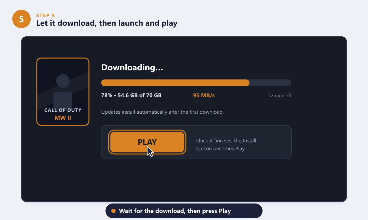 Modern Warfare II downloading with a progress bar and a Play button
