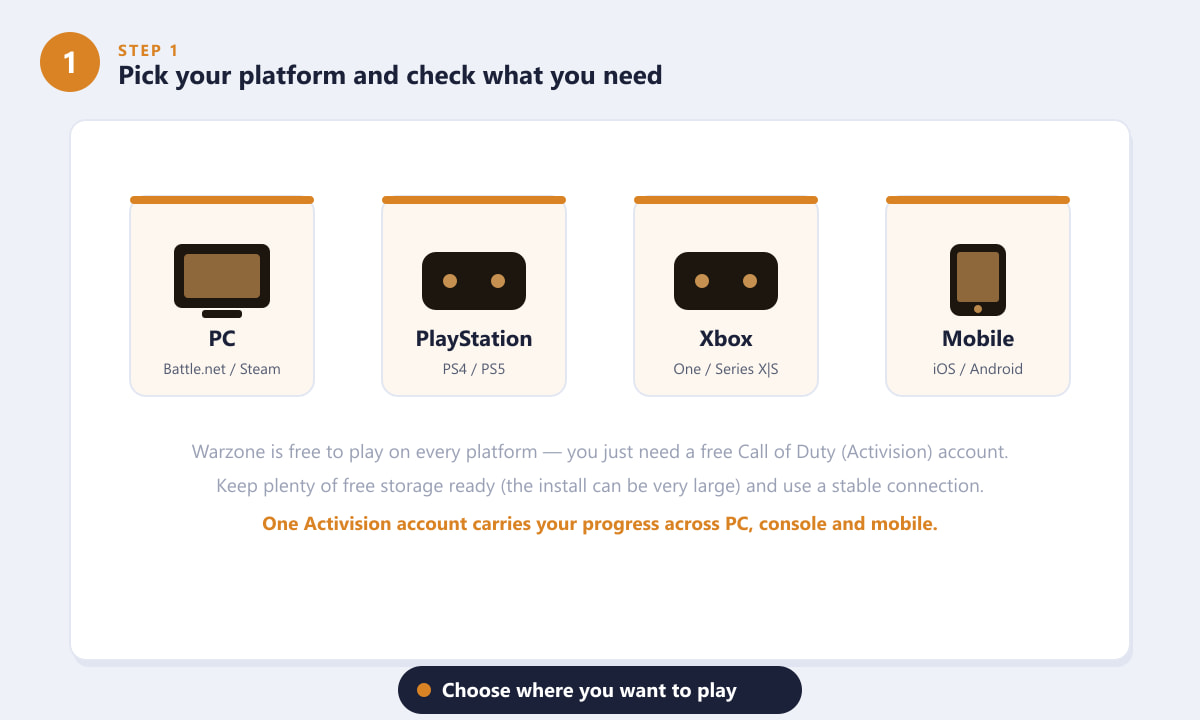 Choosing a platform to download Call of Duty: Warzone for free