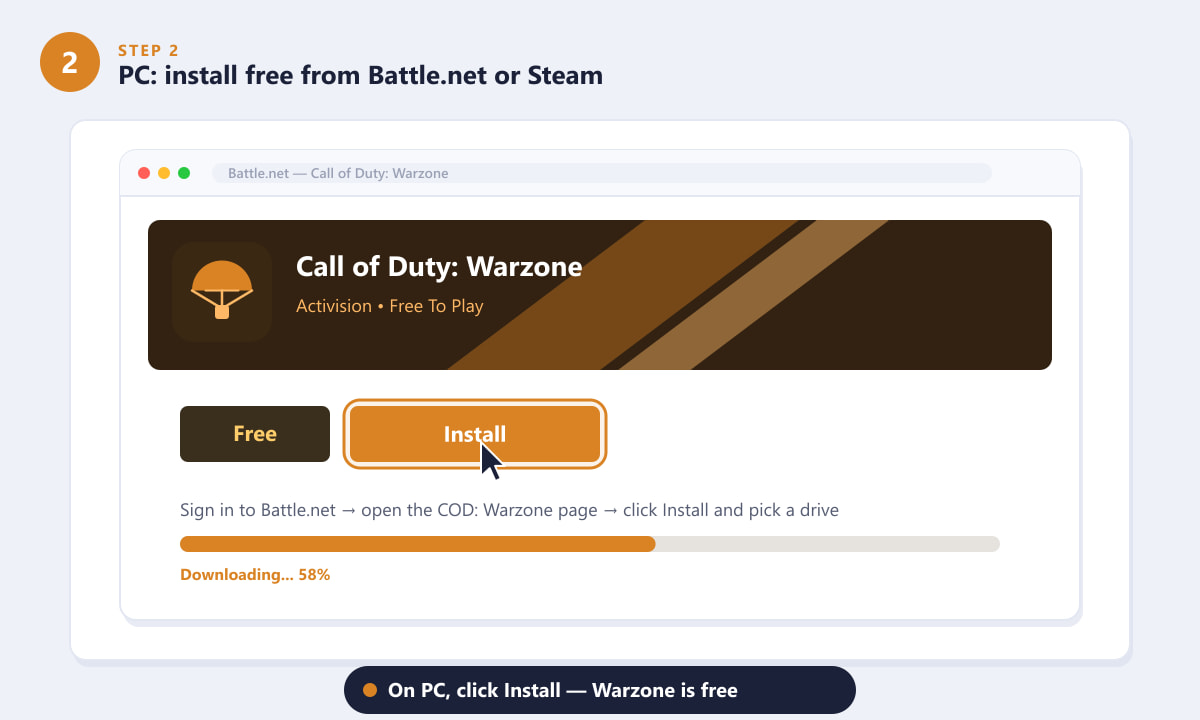 Installing Call of Duty: Warzone for free on PC through Battle.net