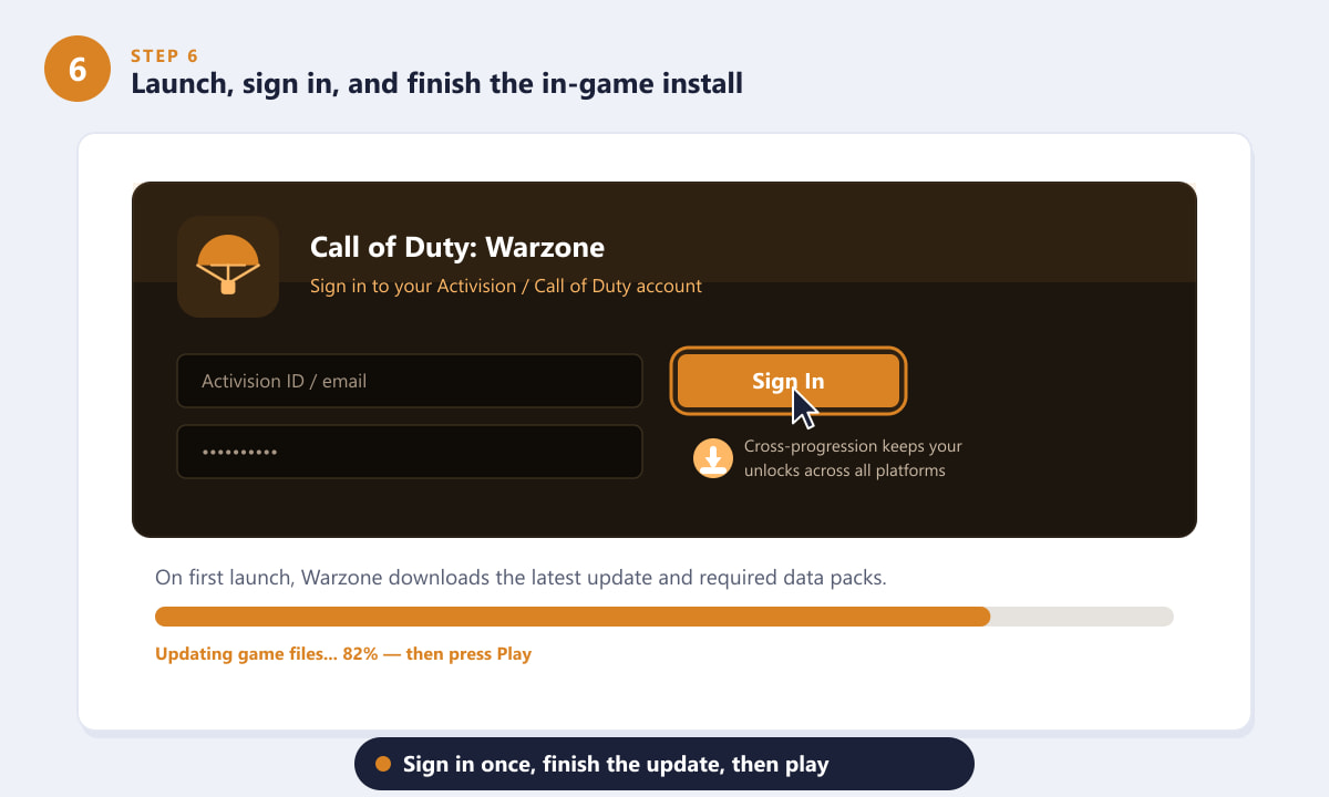 Signing in to a Call of Duty account and finishing the Warzone install