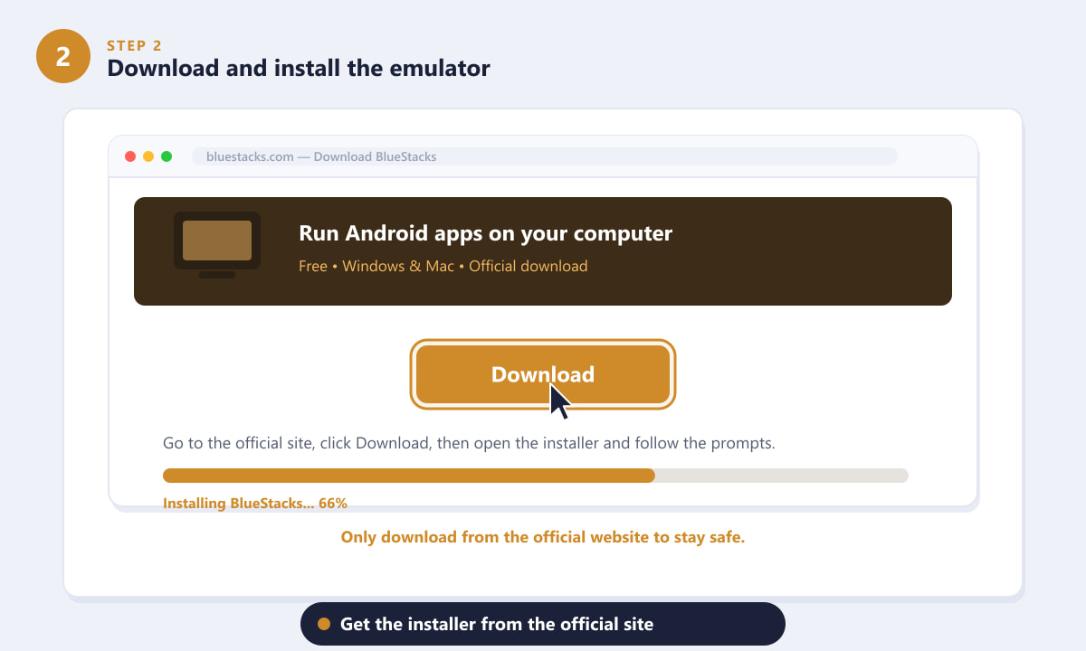 Downloading and installing the BlueStacks emulator from the official website