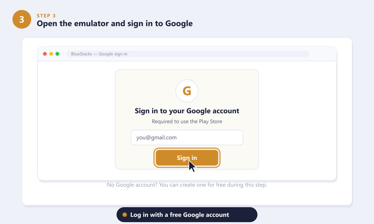 Signing in with a Google account inside the emulator to access the Play Store