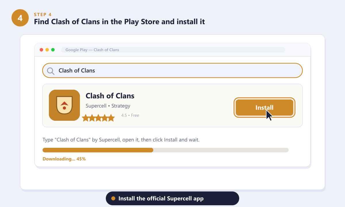Installing Clash of Clans by Supercell from the Google Play Store on a computer