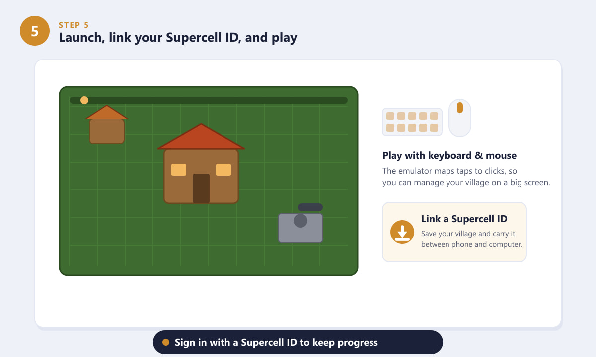 Launching Clash of Clans on a computer and linking a Supercell ID to keep progress
