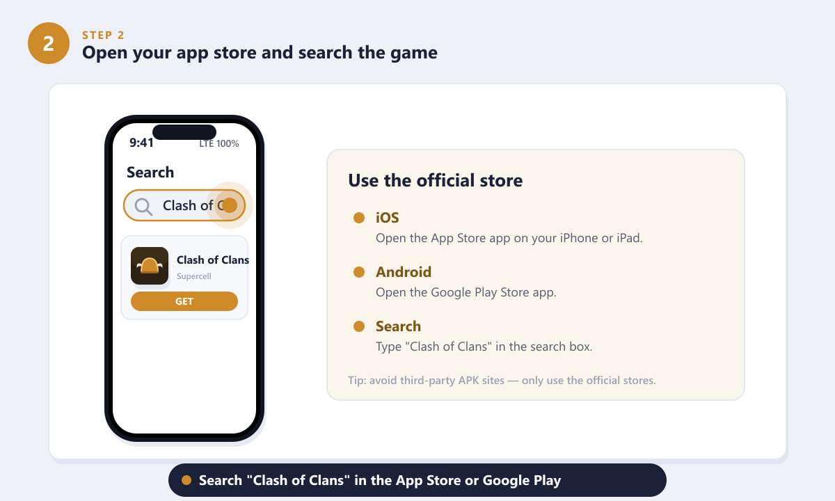 Searching for Clash of Clans in the App Store or Google Play