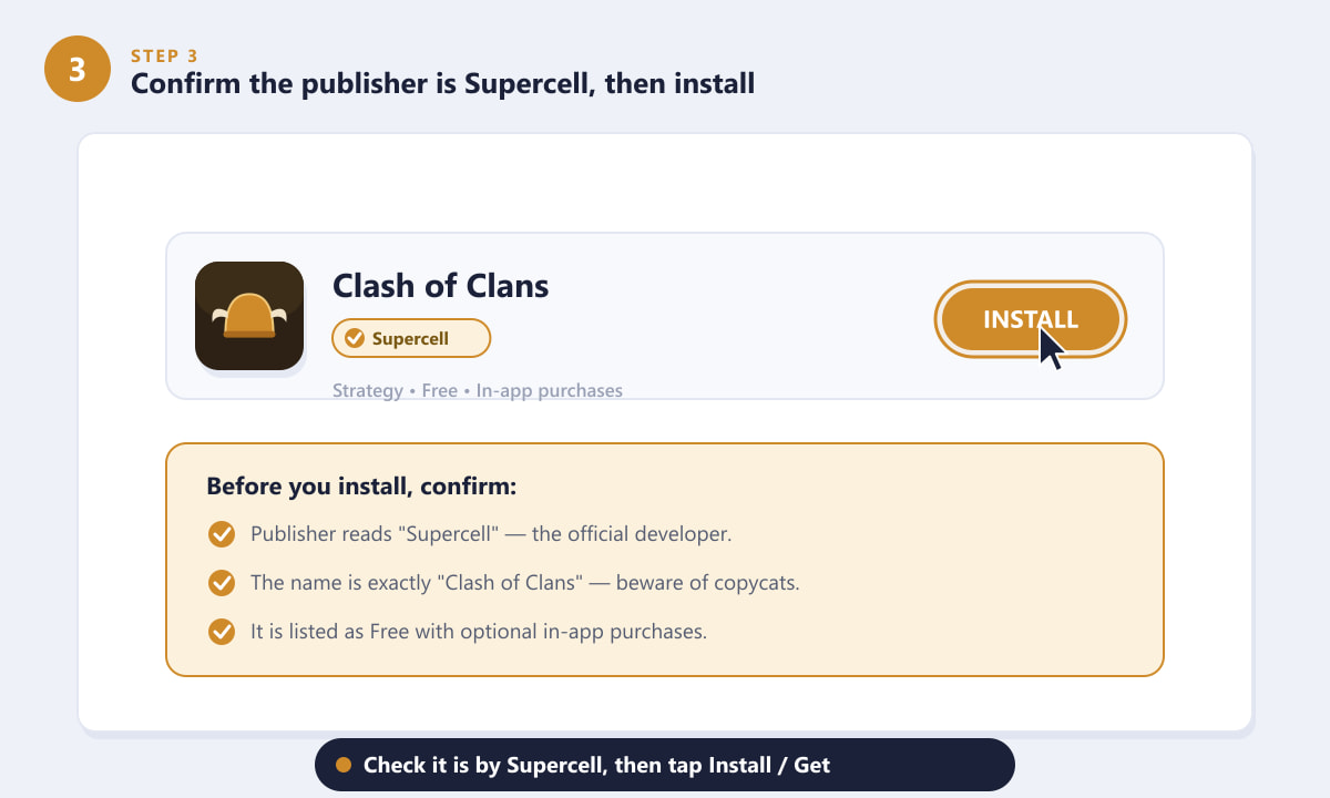 Confirming the Clash of Clans publisher is Supercell before tapping Install