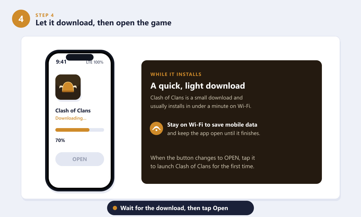 Clash of Clans downloading on a phone before tapping Open