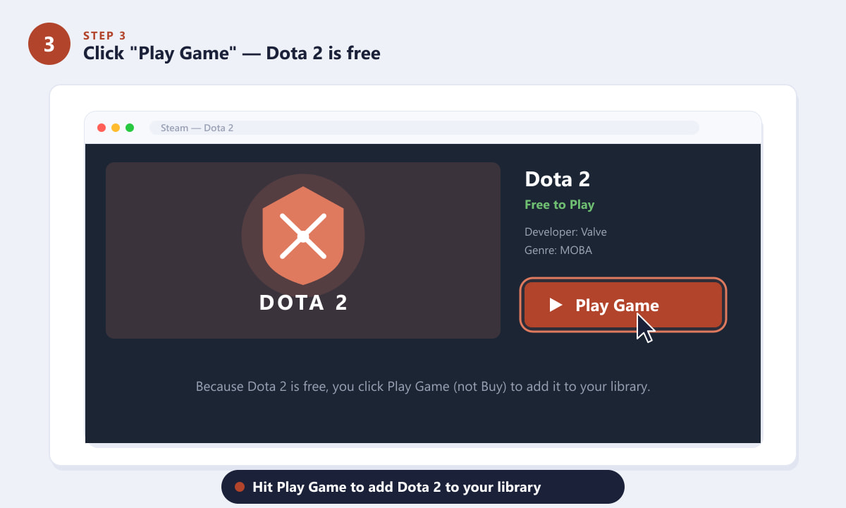 Cliccando sul pulsante "Gioca" nella pagina Steam di Dota 2 gratuito