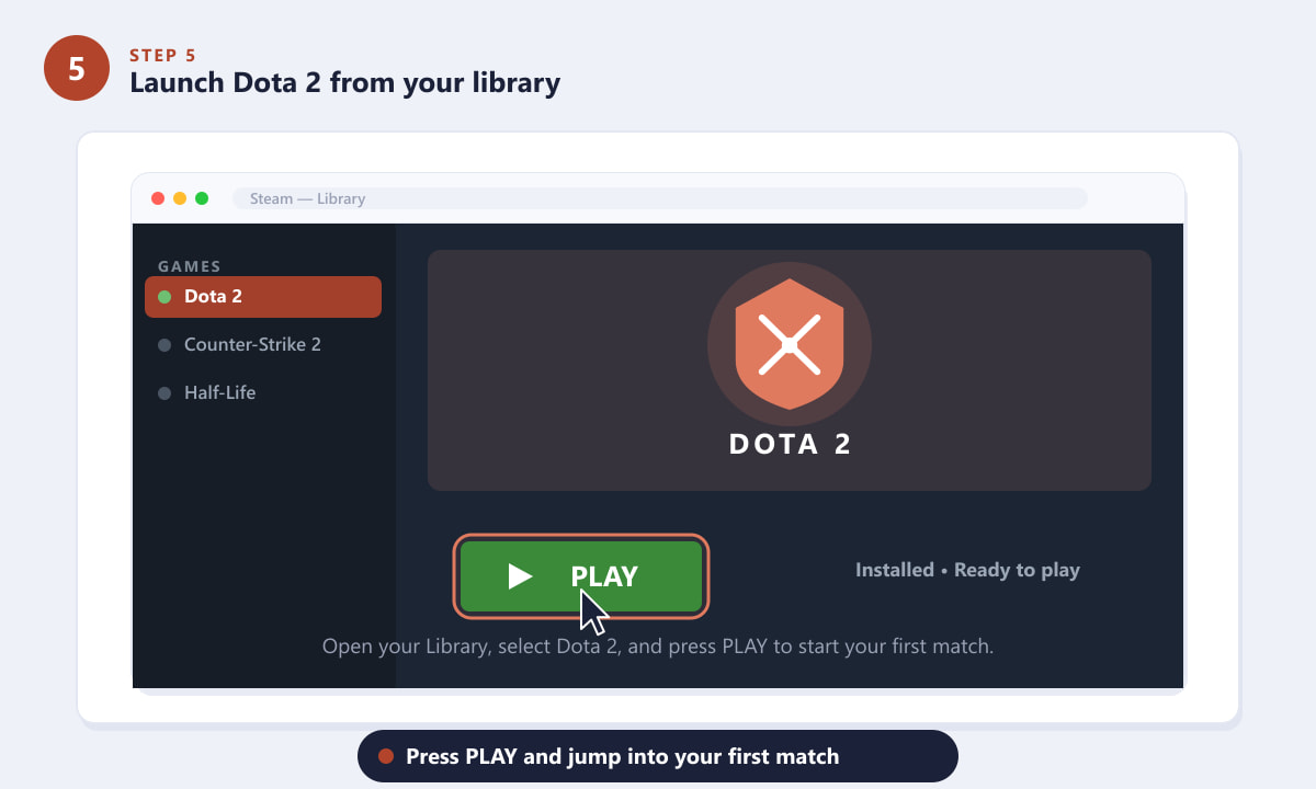 Avviare Dota 2 dalla libreria di Steam con il pulsante GIOCA