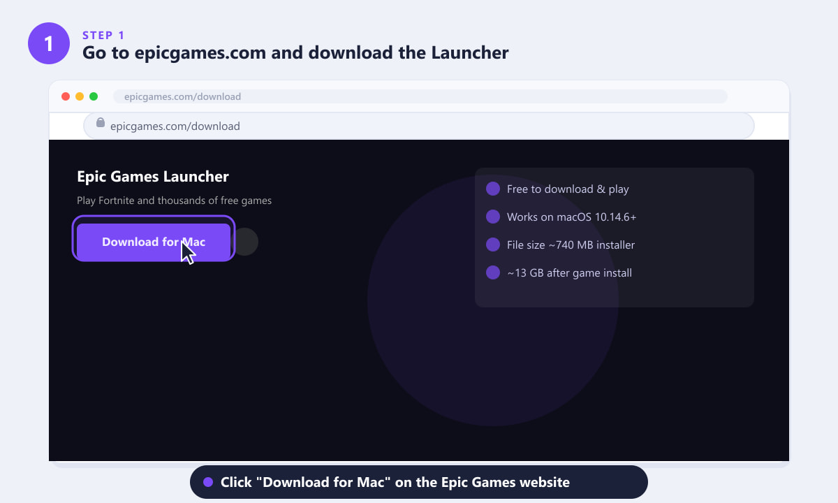 Klik op de knop 'Downloaden voor Mac' op de website van Epic Games.