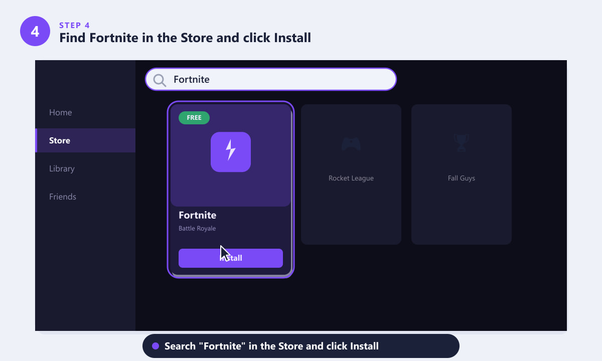 Zoek naar Fortnite in de Epic Games Store en klik op Installeren.