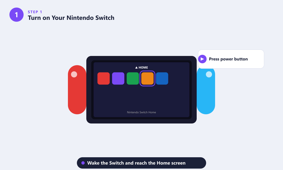На главном экране Nintendo Switch отображаются плитки приложений после включения.