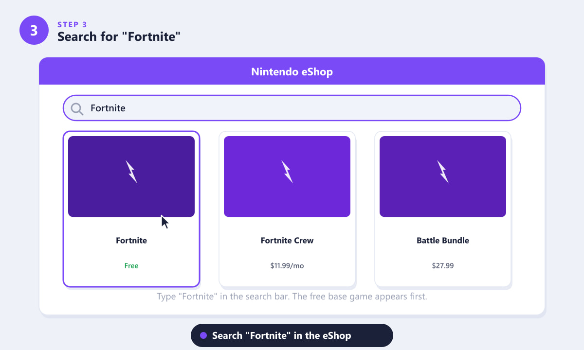 Поиск Fortnite в строке поиска Nintendo eShop