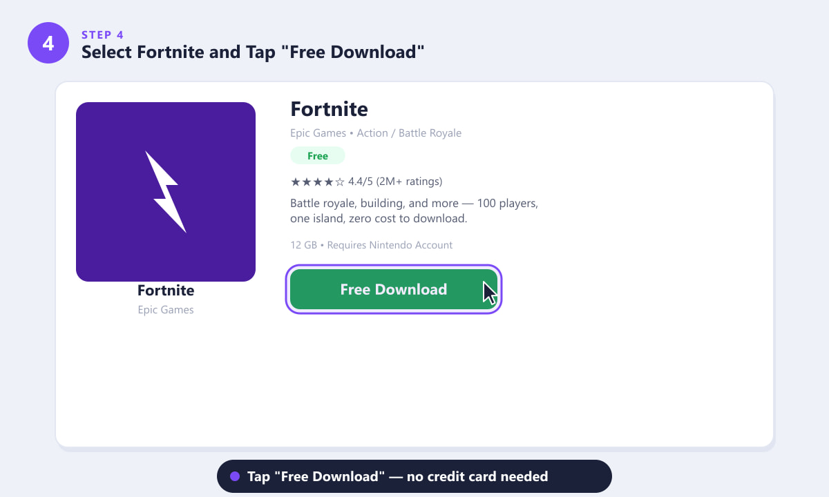 В магазине eShop игры Fortnite на Nintendo Switch отображается кнопка «Бесплатная загрузка».