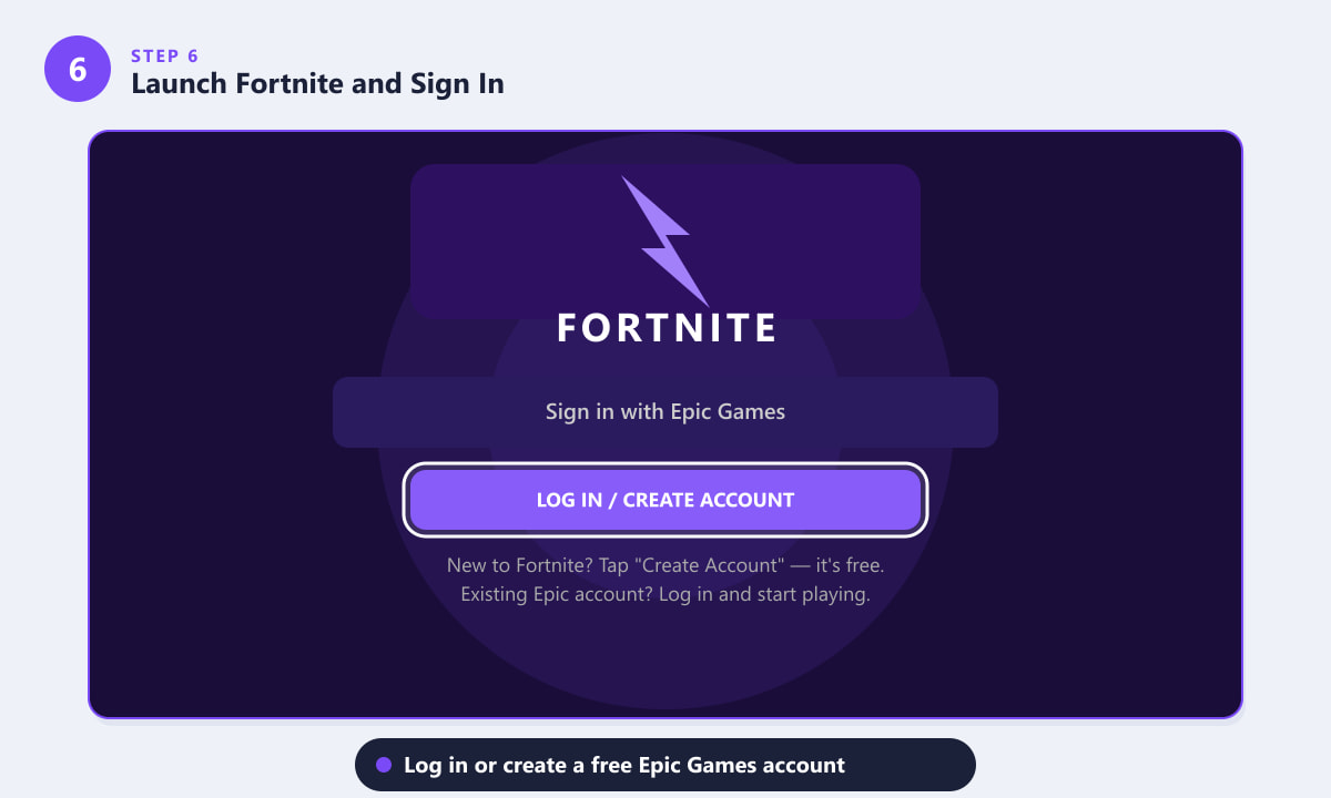 На экране запуска Fortnite на Nintendo Switch появляется запрос на вход в систему или создание учетной записи Epic Games.