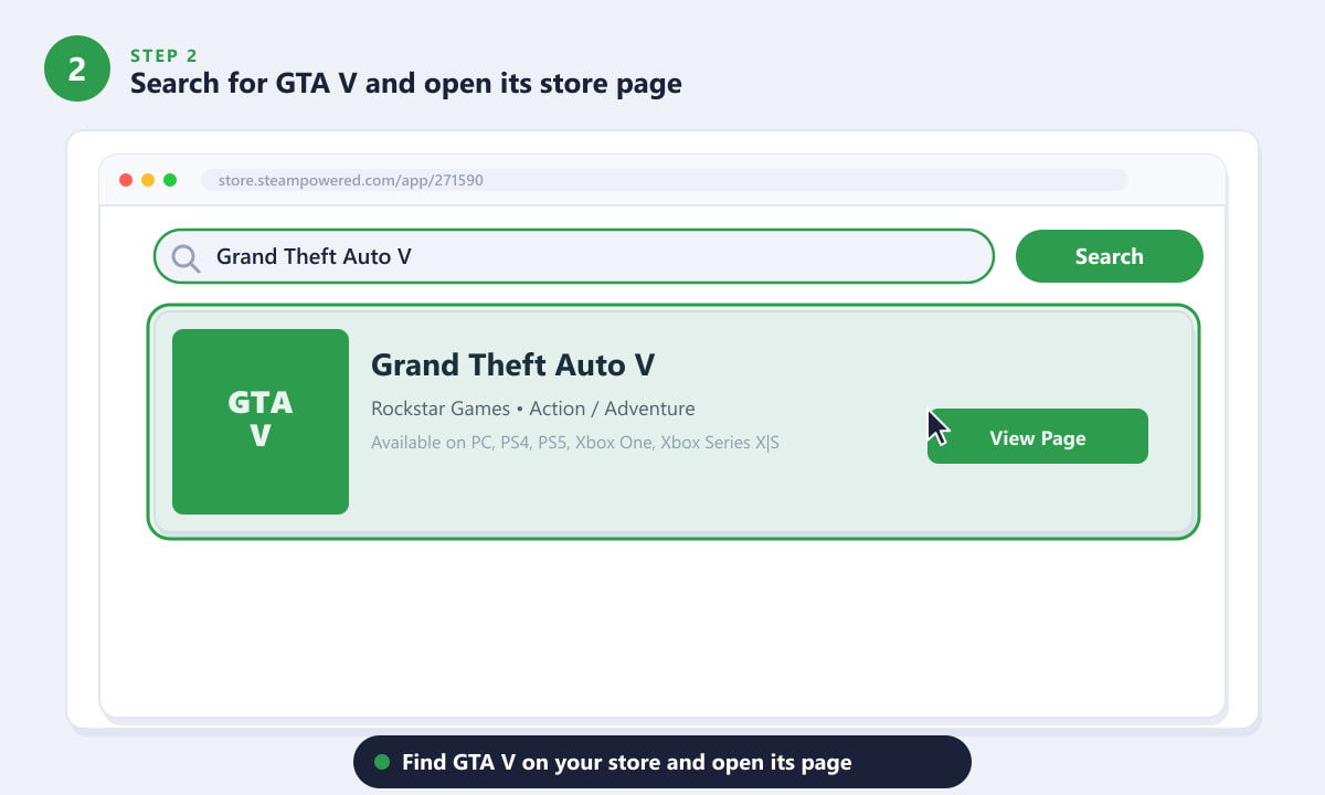 Searching for Grand Theft Auto V in a PC game store, showing the correct search result with a View Page button