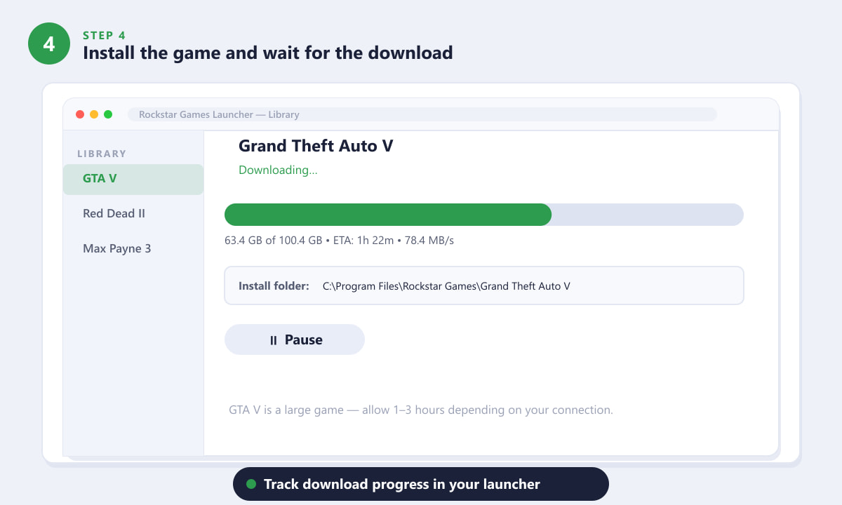 Rockstar Games Launcher showing GTA V downloading at 63% with file size, ETA, and speed information