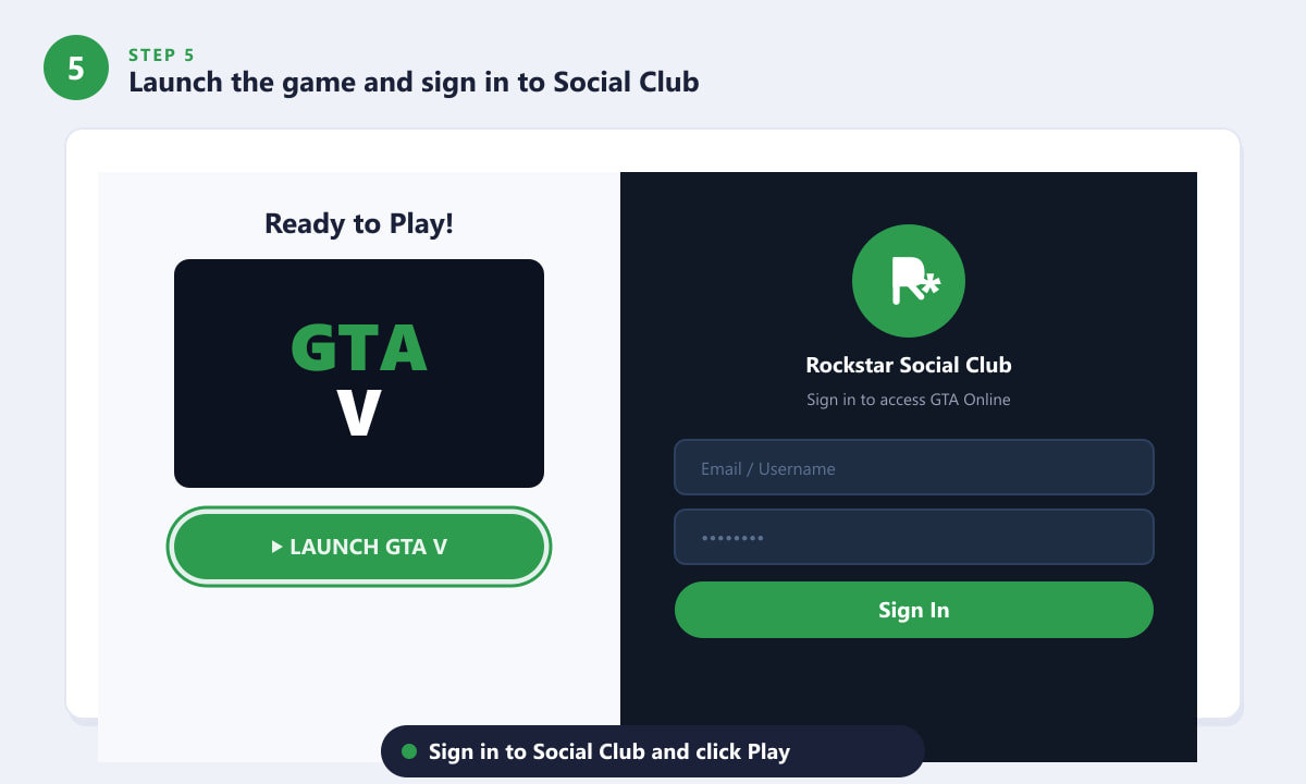 GTA V launcher showing a LAUNCH GTA V button alongside the Rockstar Social Club sign-in screen