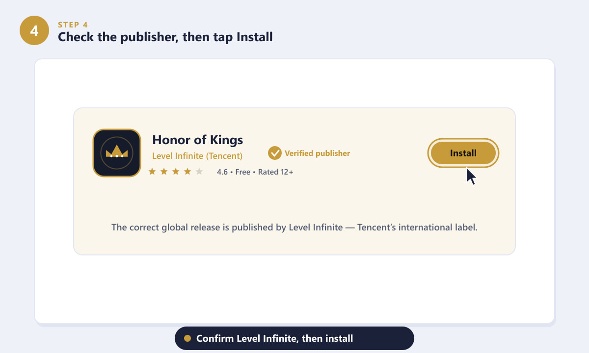 Verifying the Level Infinite publisher and tapping Install for Honor of Kings