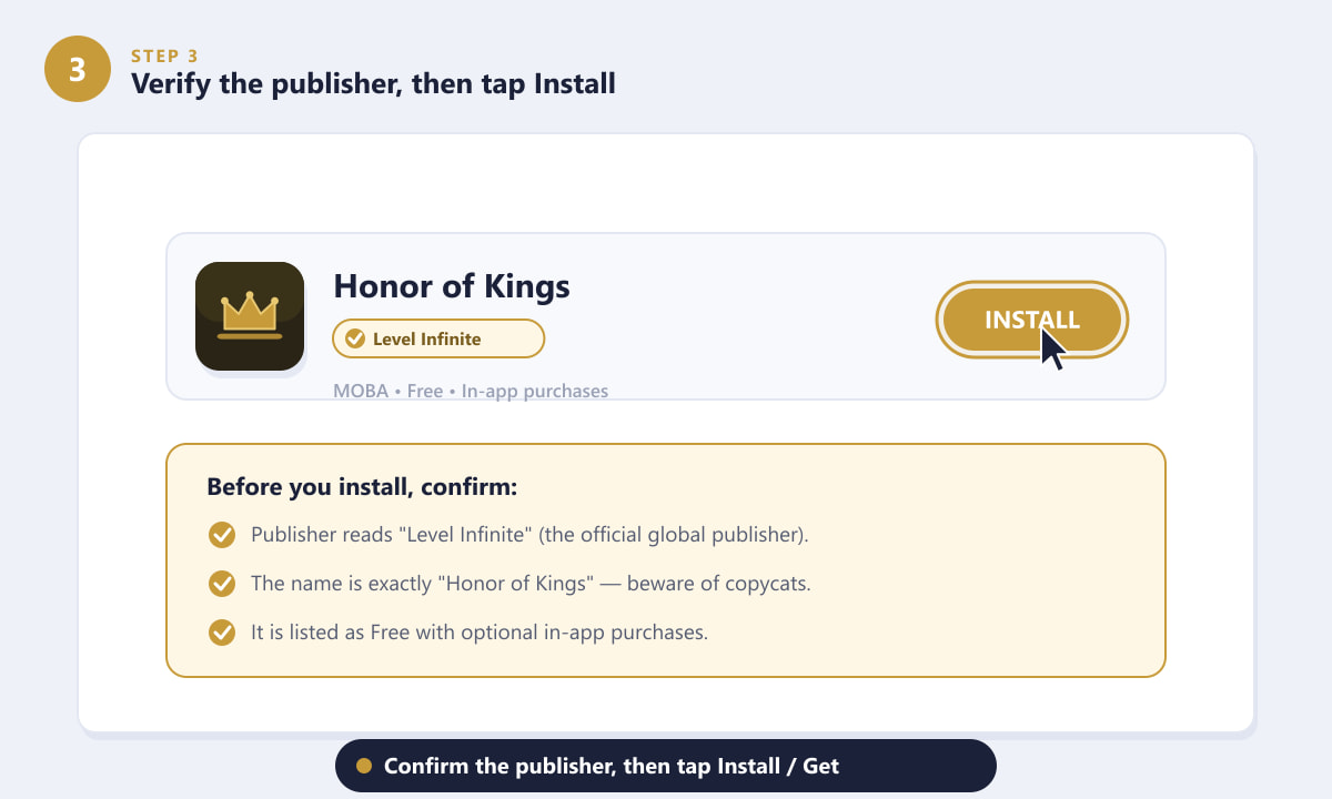 Verifying the Level Infinite publisher and tapping Install on Honor of Kings