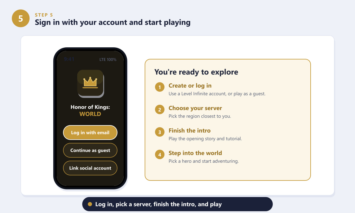 Signing in to Honor of Kings: World and choosing a server to start playing