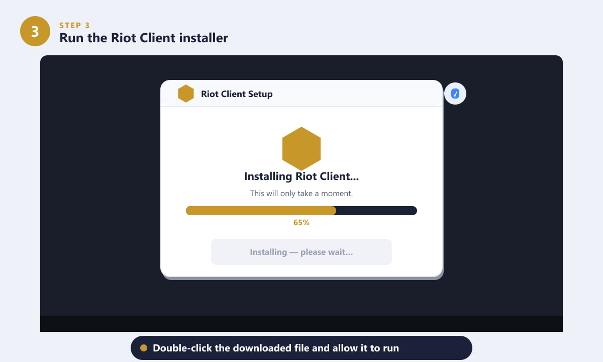 Running the Riot Client installer with a progress bar showing 65 percent complete