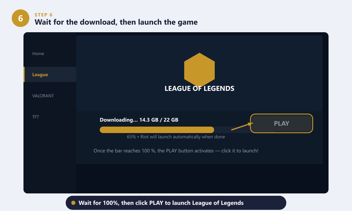 Riot Client showing the League of Legends download progress bar at 65 percent with the PLAY button waiting