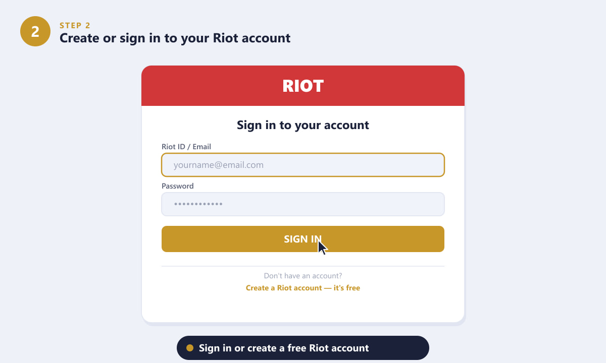 Criar ou iniciar sessão numa conta Riot para descarregar League of Legends NA