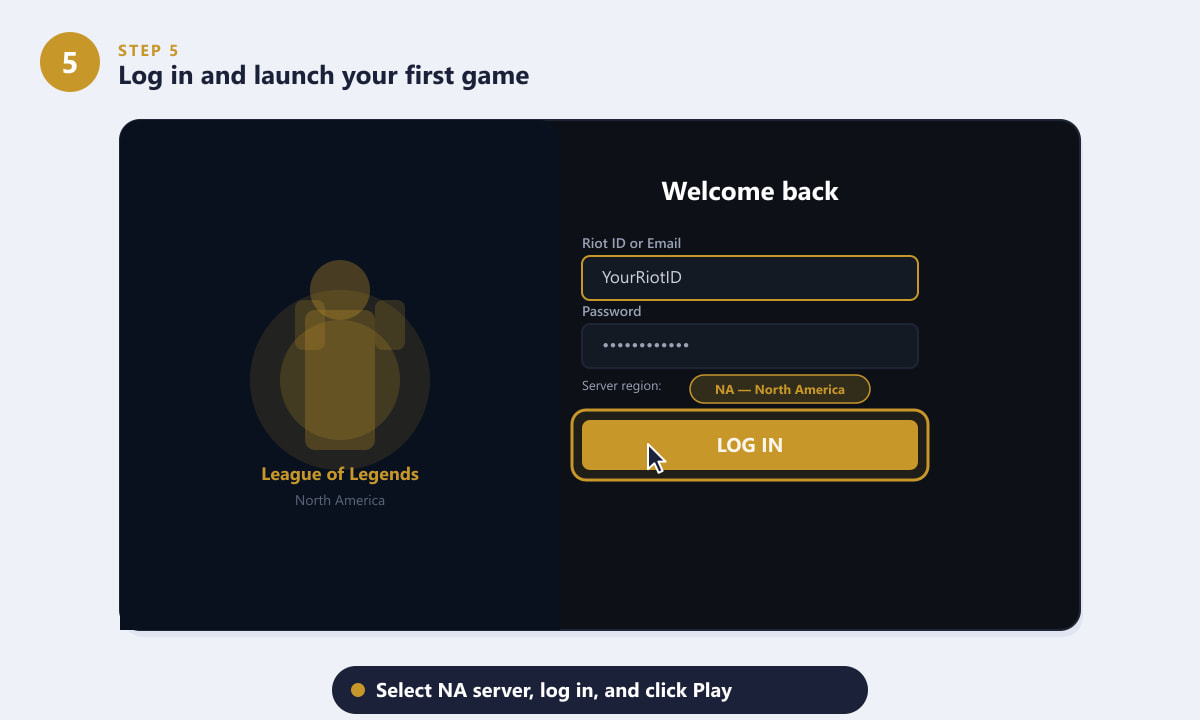 Acessando o League of Legends no servidor da América do Norte.