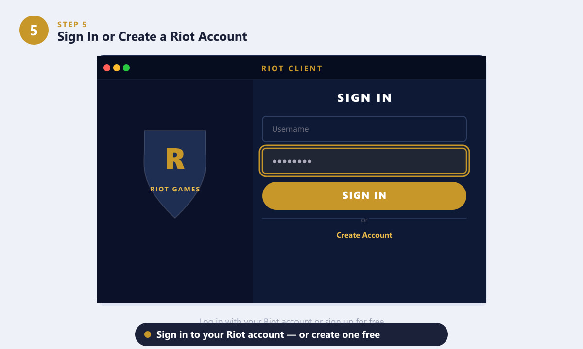 The Riot Client sign-in screen on macOS showing username, password, and Create Account option