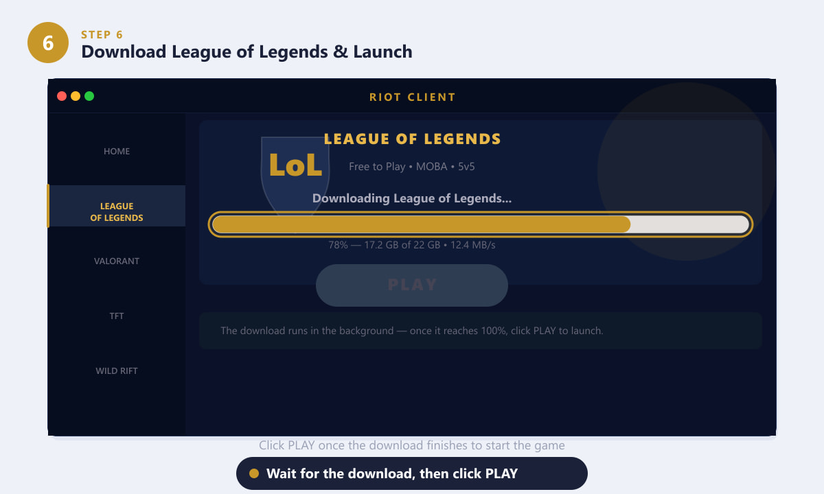 The Riot Client on macOS downloading League of Legends with a progress bar showing 78 percent