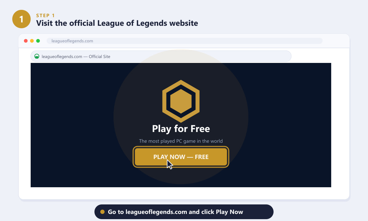 เข้าไปที่เว็บไซต์ทางการของ League of Legends แล้วคลิก "เล่นเลย" เพื่อดาวน์โหลด