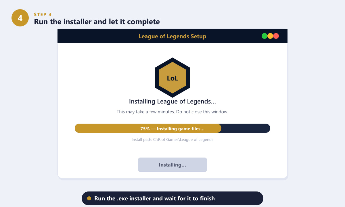 กำลังเรียกใช้โปรแกรมติดตั้ง League of Legends บน Windows ในขณะที่กำลังดาวน์โหลดไฟล์เกม