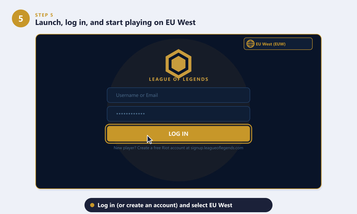 การล็อกอินเข้าสู่ League of Legends Riot Client บนเซิร์ฟเวอร์ EU West