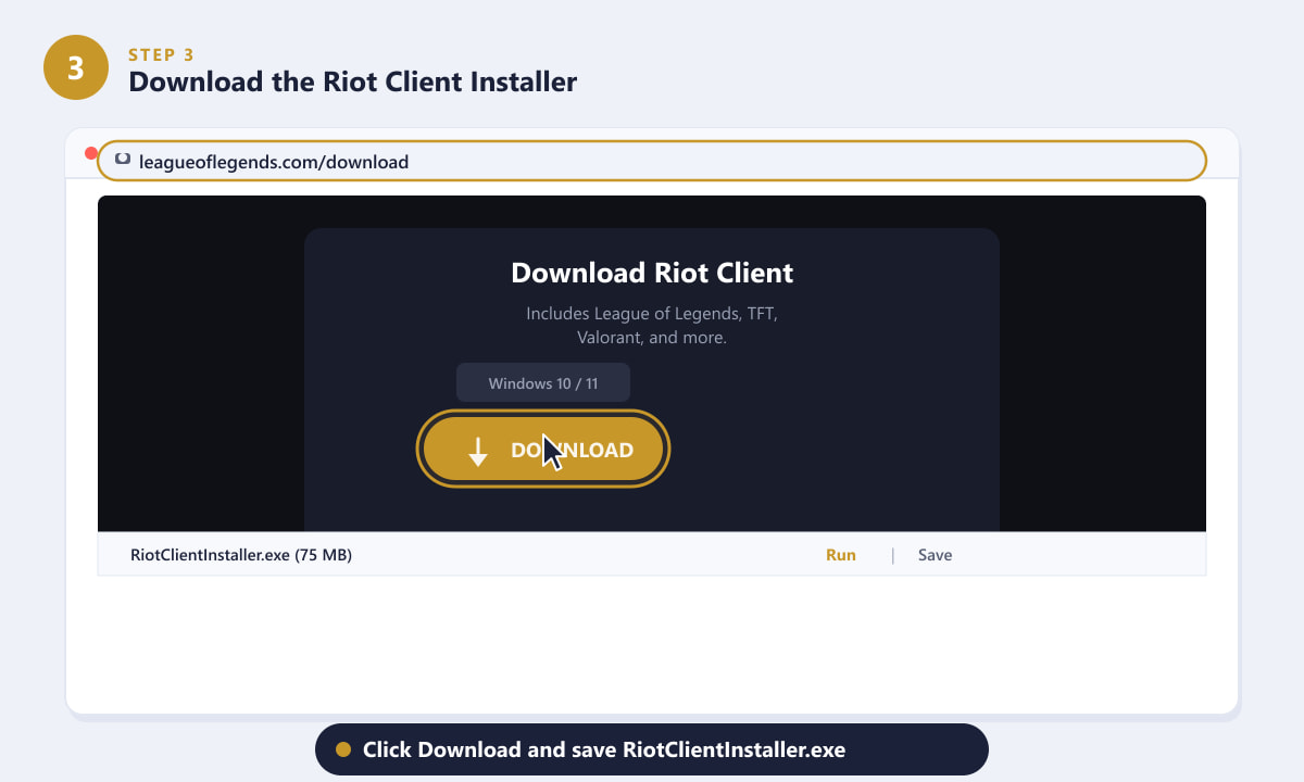 Downloading the Riot Client installer exe file for League of Legends