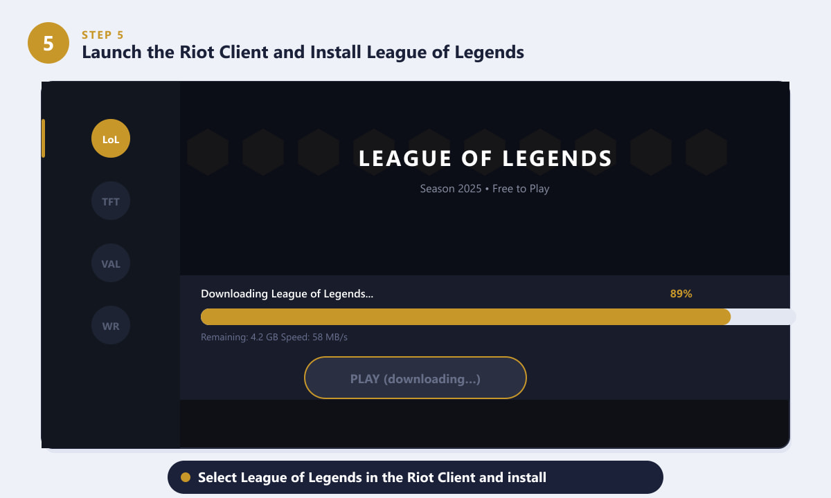 The Riot Client downloading League of Legends showing the progress bar and percentage