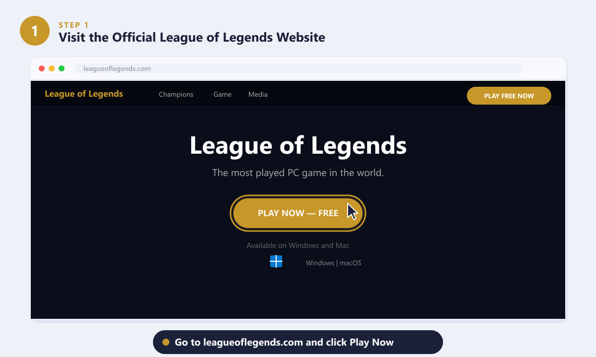 The League of Legends website with the Play Now free download button highlighted
