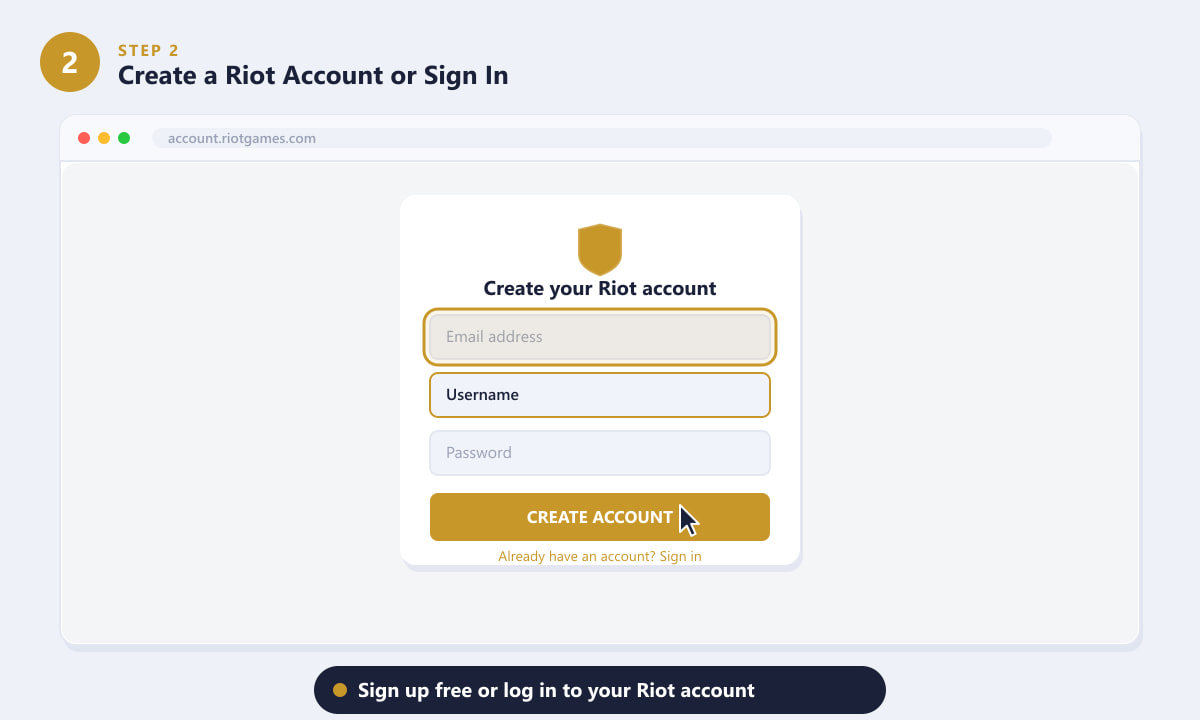 Riot account creation form showing email, username, and password fields